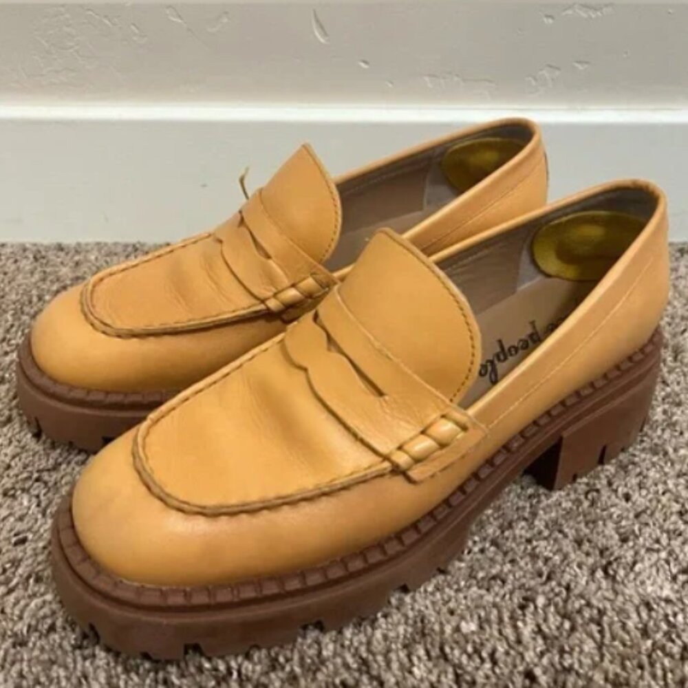 Free People Lyra Lug Sole Loafers Caramel Brown Size 38.5 - fits more like 8.5